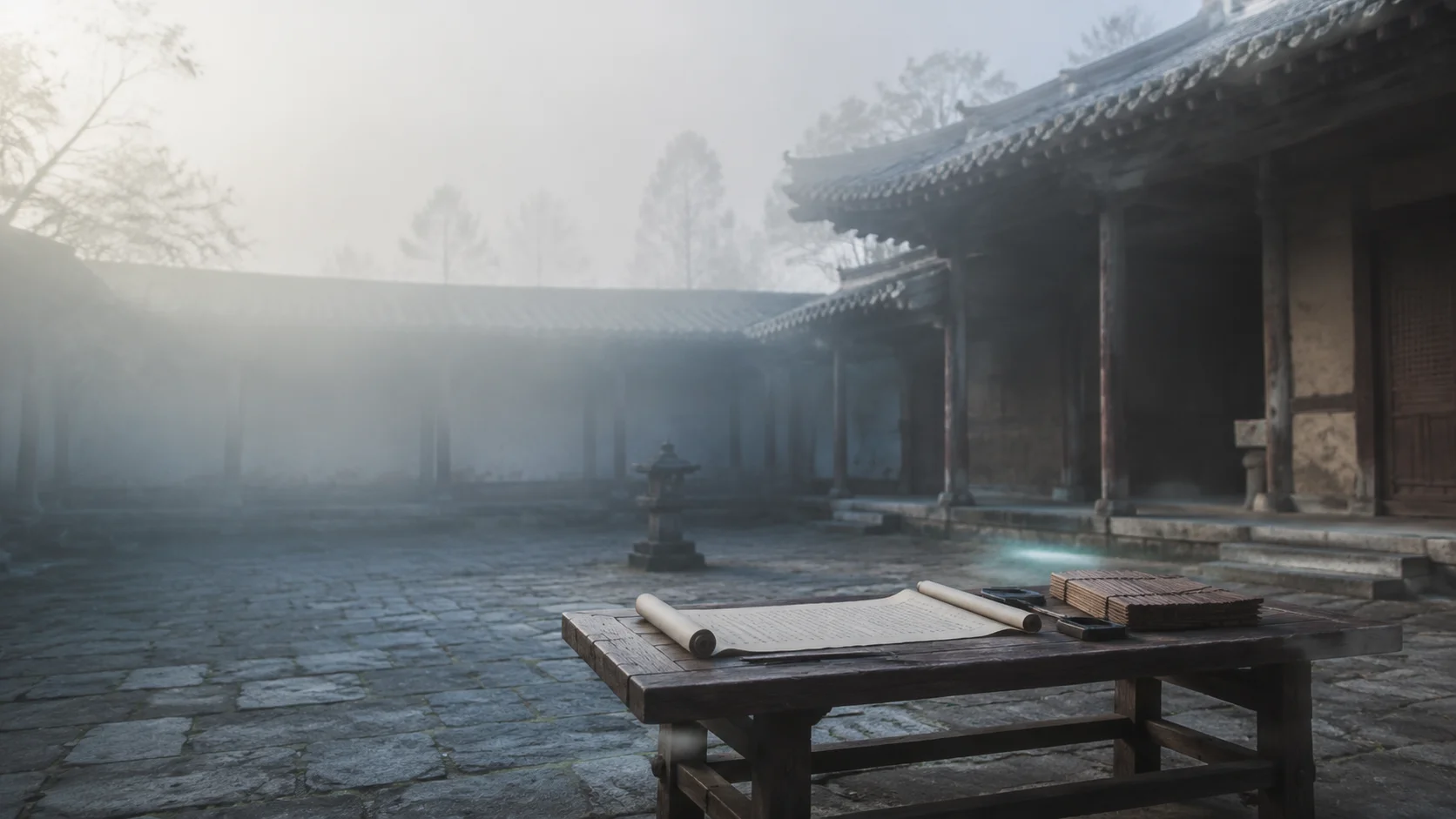 汉地魏晋风格木构佛寺的空寂庭院，晨雾未散，庭院一侧一张低矮木案，案上摊开几卷卷轴与一叠梵夹装贝叶经，旁置一方砚与一支笔，无人；庭院空旷，只余雾气与微光，呼应般若“空”的主题——经卷在，而读经的人已放下。