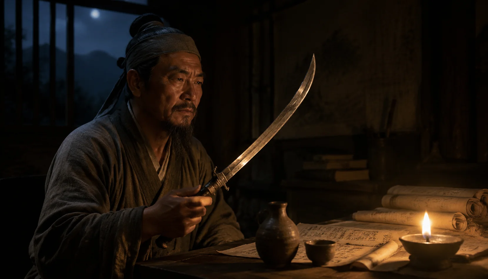 深夜书房中，一位四十余岁的南宋文人武将坐在书案前，右手持一把弯刀（吴钩）举至油灯前审视，灯光照亮他刚毅而沉郁的面庞。书案上散落着卷轴和书稿，旁边有粗陶酒壶和酒杯。他身穿南宋文人闲居的素色圆领襕衫，束带。左侧背景有一扇直棂木窗，窗外是冷青色夜色和隐约的远山轮廓——那是北方的方向。整幅画面暗部浓郁，只有油灯暖光和窗外冷月两个光源，营造出英雄迟暮、壮志难酬的沉郁…