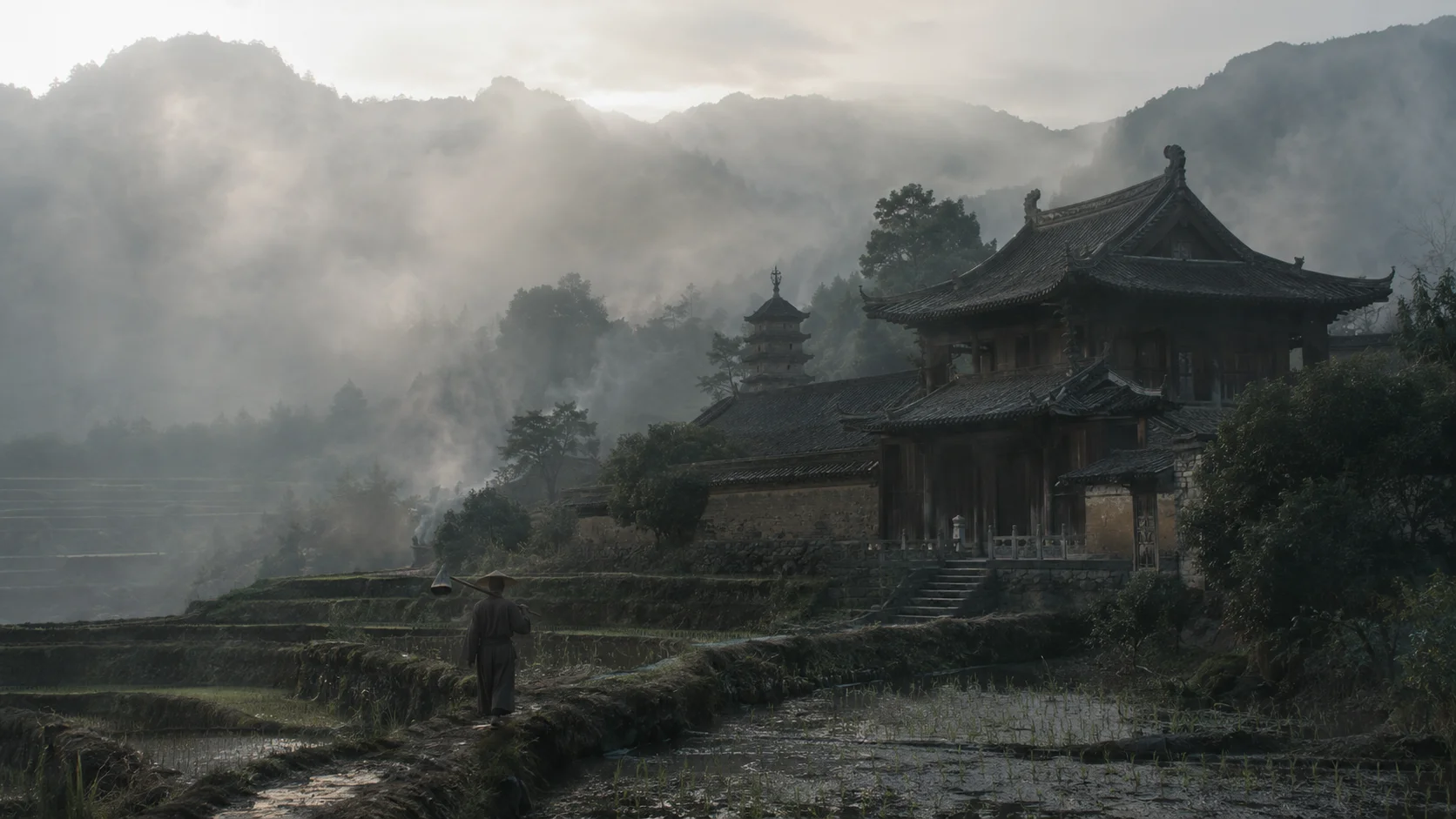 唐宋时期汉地山林禅寺全景：灰瓦木构殿堂隐于山雾，寺外梯田层层，一名僧人荷锄行于田埂，晨雾弥漫。对应文中百丈「一日不作，一日不食」的农禅传统与禅净千年分合的山林背景。