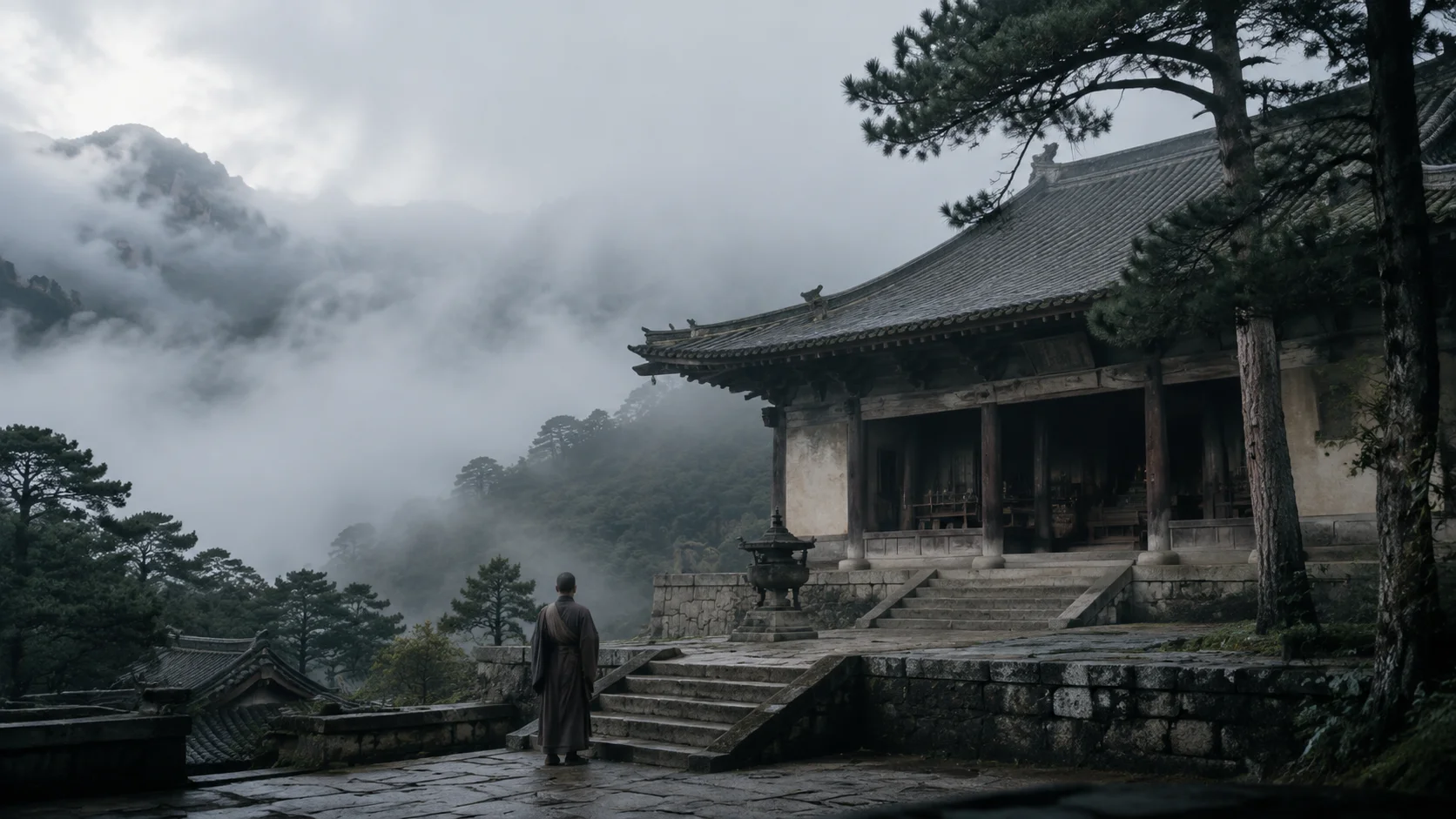 清晨，天台山云雾弥漫如海，一座隋代风格的木构古寺静立山间：单檐坡顶讲堂、素墙、石阶、古松。一位僧人背影立于石阶之上，远望云海。画面克制肃穆，低饱和青灰色调，呼应《楞伽经》“藏识如海”与天台一念三千的意象。