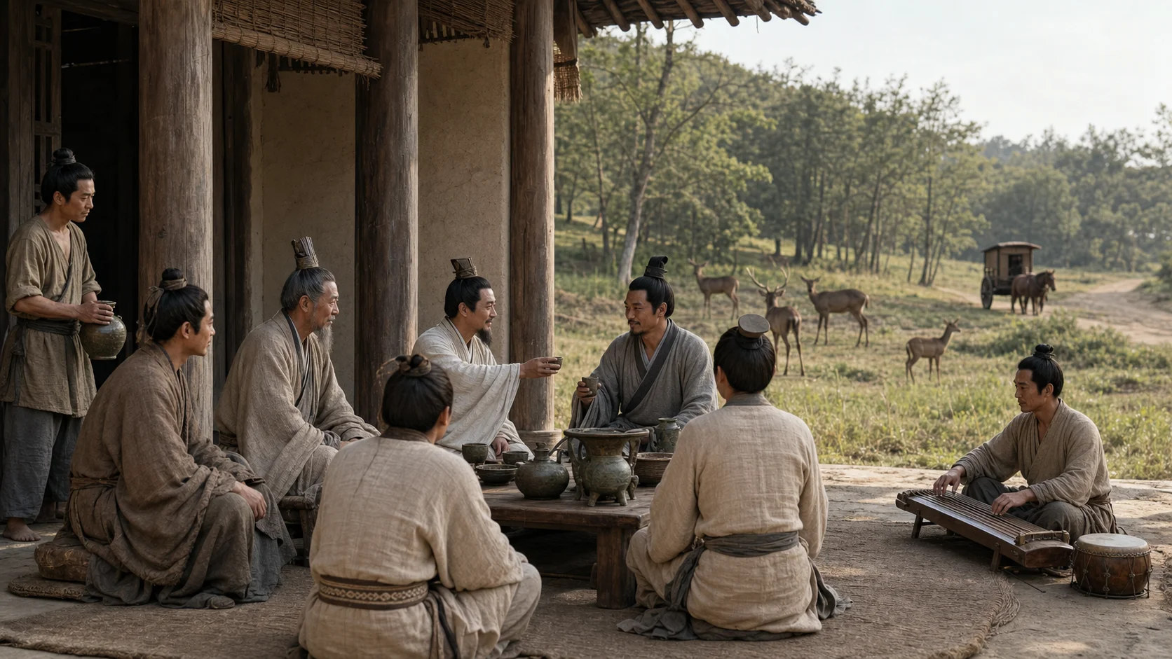 周代庭院外,主人与宾客围坐低案,木瑟和酒器在侧,林缘鹿群相呼,远处使车将上路,呈现《小雅》把宴饮、友朋与行役连在一起的方式。