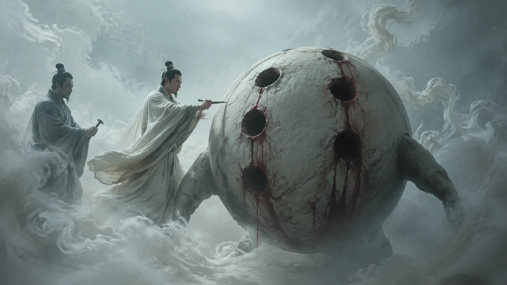 南海之帝儵和北海之帝忽为中央之帝浑沌凿七窍的神话场景。浑沌是一个没有面孔的圆融存在,身体上已有六个孔洞,血流如注,凿到第七天的悲剧瞬间。水墨写意风格,素雅淡彩,冷调光线,大面积留白。