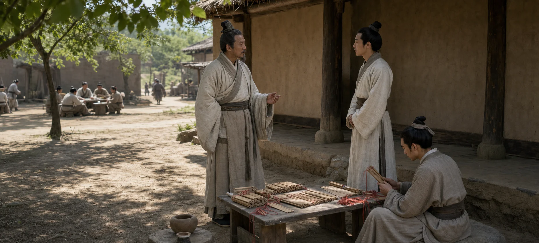 鲁地庭院里，年长士人停步向年轻人发问，低案上是编连竹简，弟子在旁整理简册；院外宴席与道路若隐若现，表现《诗》从学习进入言语和生活。
