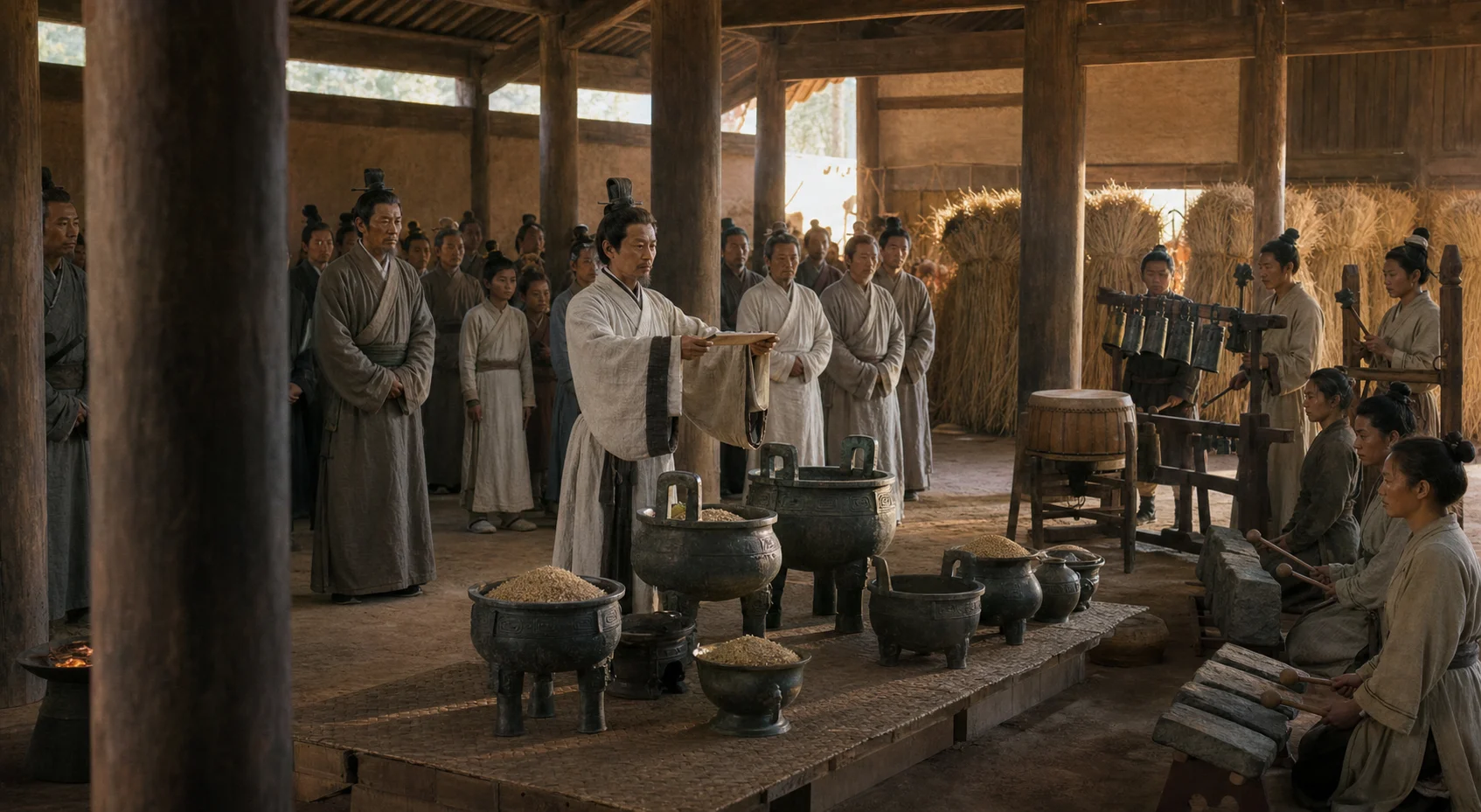晨光进入木构宗庙，主祭者与族众肃立，青铜鼎簋盛放黍稷，乐工在侧奏编钟石磬，呈现三颂在祖先面前以礼器、歌声和收成组织记忆。