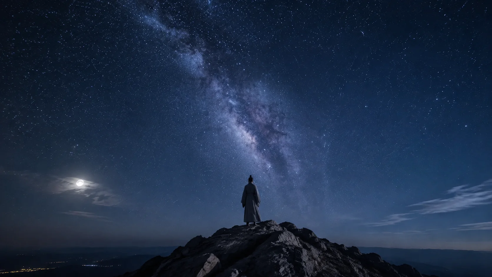 高山之巅，一个穿着宽袍的人独立于天地间，身后是浩瀚的星空和银河。他的身影在宇宙面前极其渺小，但姿态从容——"古之真人，其寝不梦，其觉无忧。"他不知道喜悦于生，不知道厌恶于死。自由自在地去，自由自在地来。"天与人不相胜也，是之谓真人。"