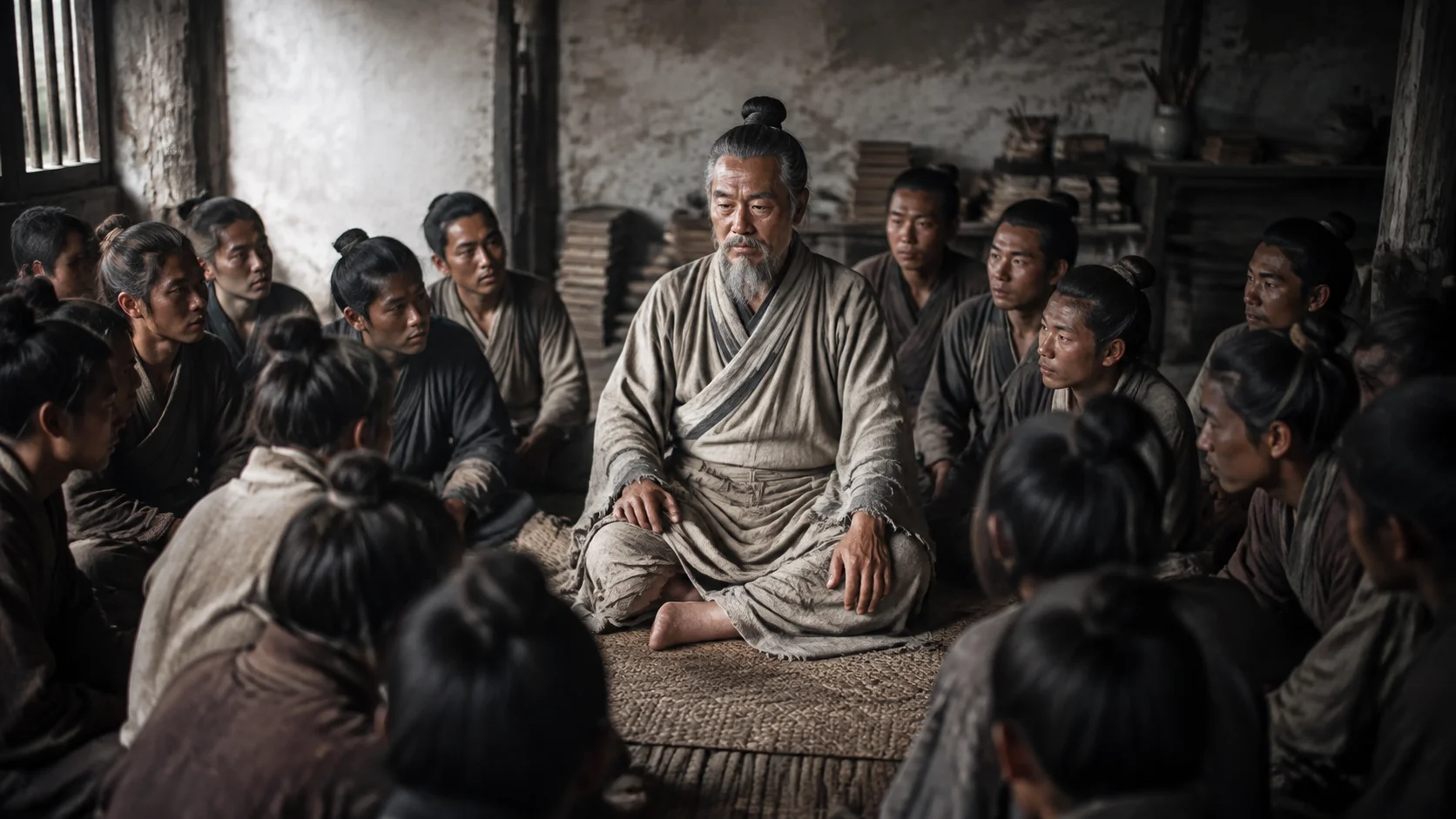一个被砍掉一只脚的人(王骀)坐在草席上,面前围坐着几十个学生。他一言不发——"立不教,坐不议"——但学生从各地涌来,数量竟和孔子一样多。形体残缺到了极致,内在的"德"却充沛到了极致。"德充符"的开端:完整不依赖于身体。