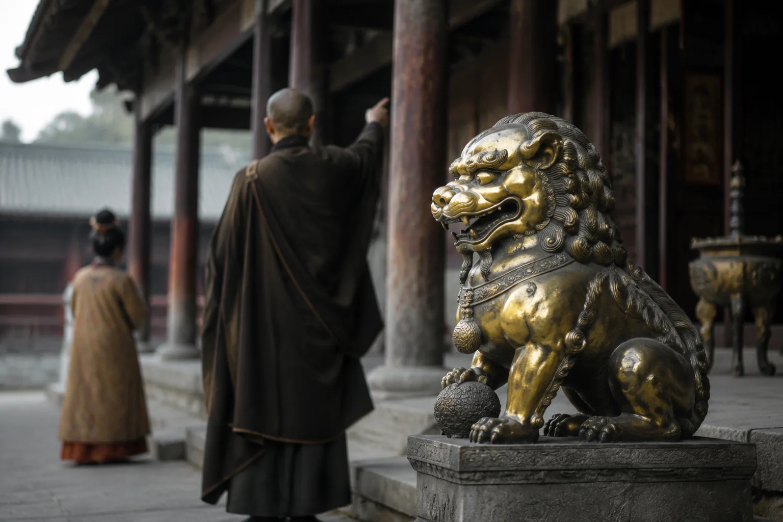 武周洛阳佛授记寺殿前檐廊下:一尊鎏金铜狮蹲踞殿阶之侧,金光内敛、表面有岁月磨痕;一位僧人立于狮旁,抬手指向狮子为喻说法;远处一位华贵装束的女眷背影静听。画面克制肃穆,低饱和暖金色调,呈现《金师子章》"金喻理、狮喻事"的讲法现场。