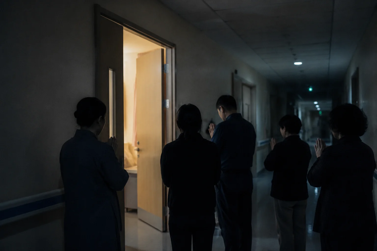 深夜医院安宁病房外的走廊:尽头一间病房门半开,透出暖光;门口几位便装助念者的背影与侧影,双手合十,低头静立;走廊顶灯冷白,与病房暖光对比。所有人物面部不可辨认。
