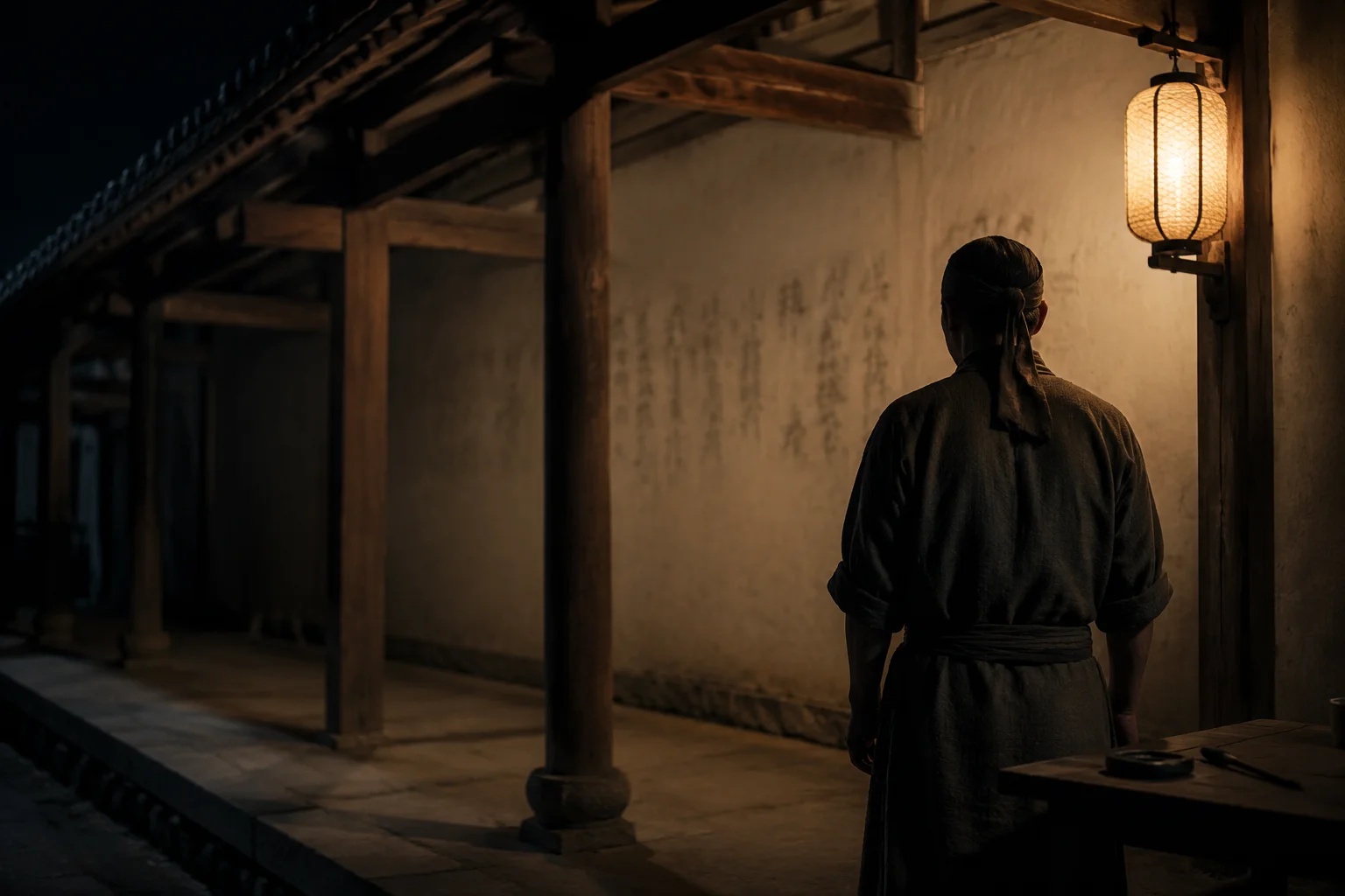 初唐黄梅东山寺的夜廊，一盏灯笼照着白壁，两名行者的背影立在壁前，壁上留着新题的模糊墨痕（字迹不可辨认）。呼应《坛经》得法偈公案——神秀书偈于廊壁，不识字的惠能请人代笔题下「本来无一物」。