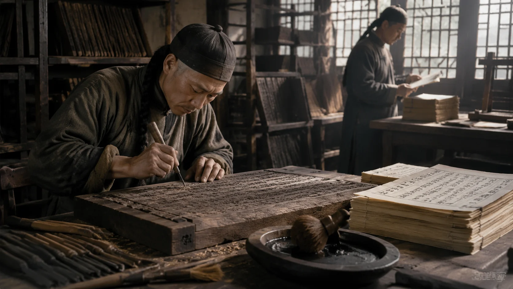 清末南京金陵刻经处作坊内，刻版工匠伏案以刻刀在梨木经版上雕刻反字，案上墨香纸白，背景木架层层码放着刻好的经版，一位长衫居士在旁校阅样张。窗光斜入，尘埃浮动。