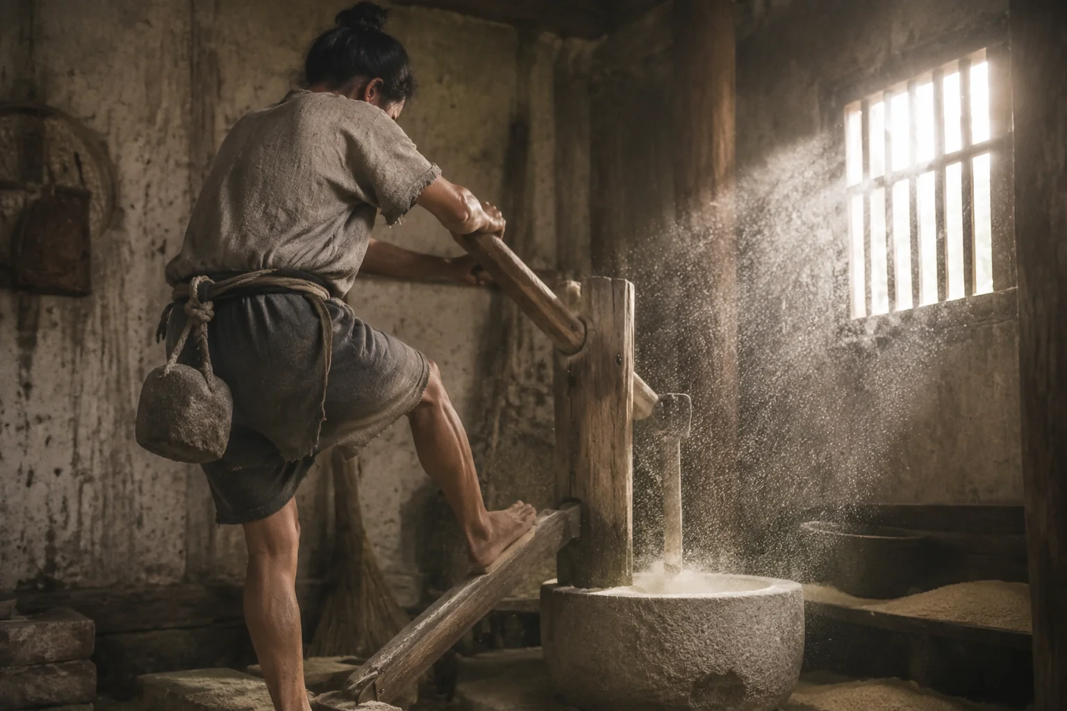 初唐黄梅东山寺碓房内，一名腰系坠腰石的行者侧身踏着杠杆木碓舂米，石臼、木架、米糠尘埃在窗光中浮动。对应文中慧能腰石舂米八个多月、五祖以杖击碓三下的得法公案。