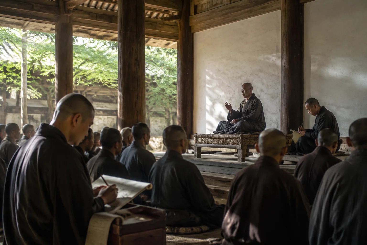 隋代荆州玉泉寺讲堂内:一位法师踞坐高座讲说《摩诃止观》,手微举作说法势;侧旁弟子执笔在纸卷上随讲随记;堂内听众席地而坐,夏日树影透入窗棂。画面克制肃穆,低饱和暖木色调,呈现隋开皇十四年玉泉寺讲筵的一幕。
