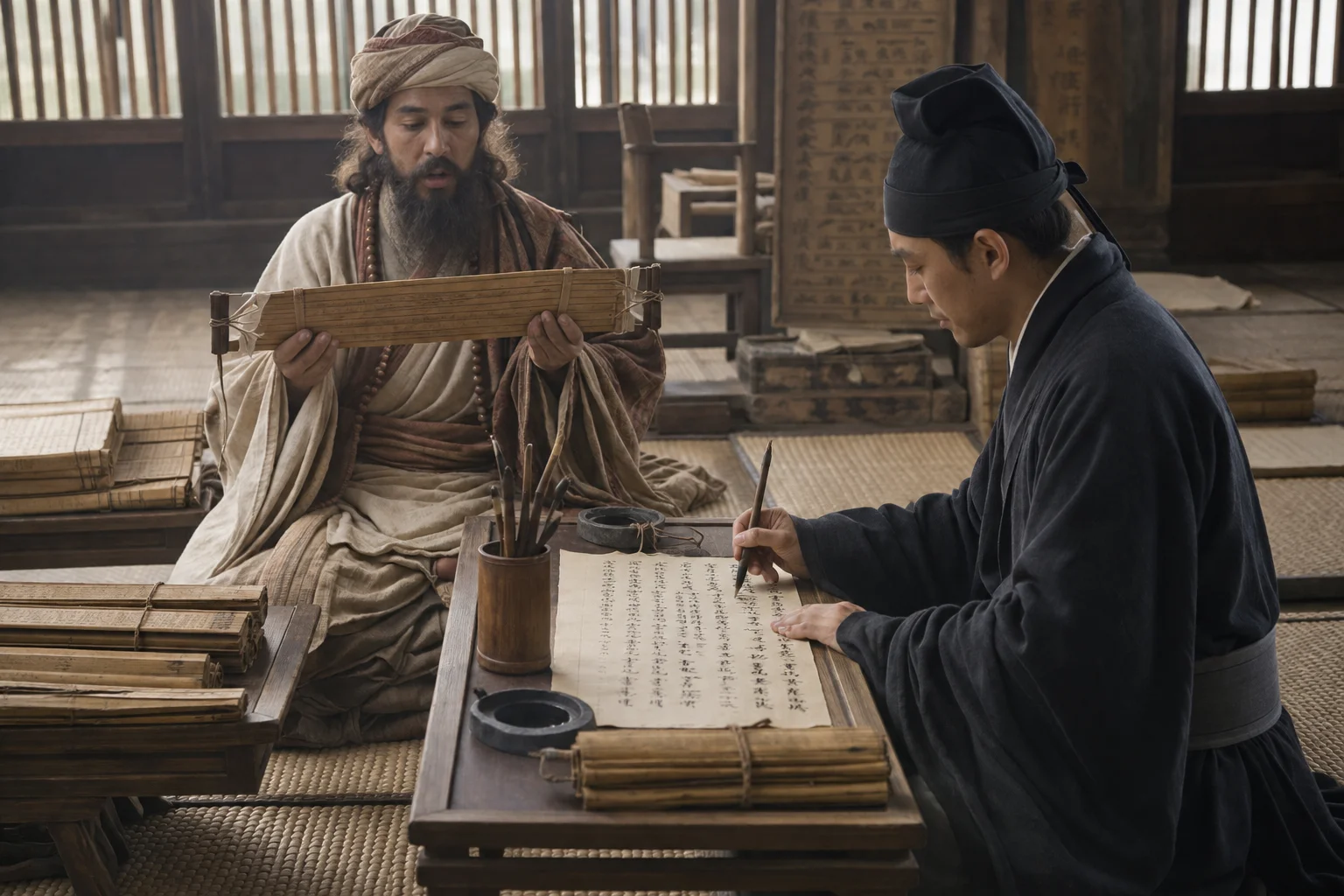 东汉末年洛阳译场的木构室内。左侧西域胡僧席地而坐,双手捧持一册长条贝叶梵本(棕榈叶形、穿孔系绳),正开口诵出梵文原句;右侧汉地士人束发加帻、身着深衣,伏于矮案,以毛笔将译文写在缣帛之上,案边堆着写好的竹简与木牍。直棂窗透入的自然光落在席面与书卷上,室内陈设素朴。画面呈现佛经最初进入汉语的工作现场。