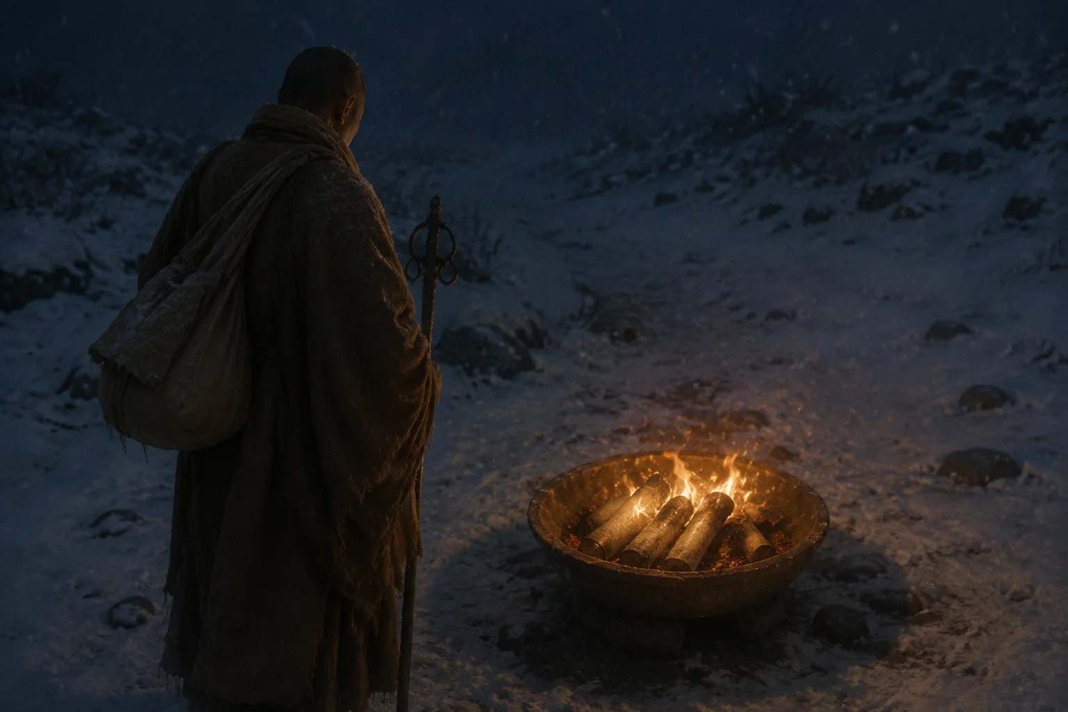 北魏北方冬夜，雪地上一只火盆正烧着数卷书卷，火焰映亮一名僧人的侧影，远处雪色苍茫。对应文中昙鸾受《观无量寿经》后烧掉十卷仙方、转身专修净土的一幕——净土宗史上最有象征意味的火。