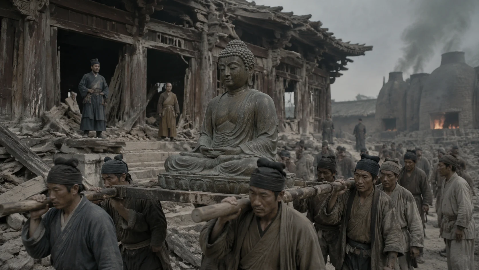 唐会昌五年灭佛场景：一座唐代木构佛殿正被拆毁，几名役工抬着一尊铜佛像走出寺门，准备运往官炉熔铸钱币，院内瓦砾堆积，远处炉火微亮。画面冷静克制，不带控诉。