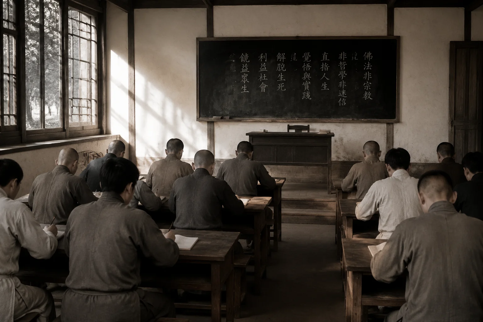 民国年间佛学院讲堂内景:长条木桌长凳,十余名僧俗学生的背影端坐听讲;讲台上一块黑板,粉笔字迹模糊不辨;高窗晨光斜入落在摊开的书页上。全画人物面部一律不可辨认。