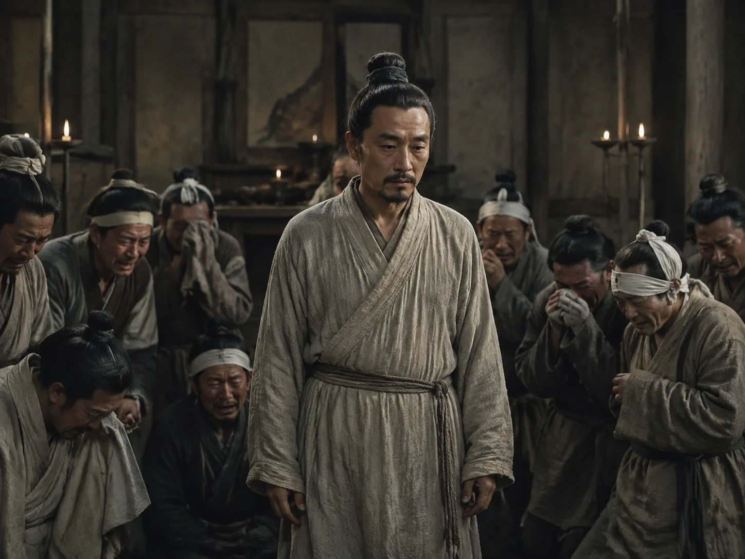 灵堂中，周围人跪地痛哭，唯有一个老人（秦失）站在中央，只哭了三声就转身要走。弟子追上来问：你就这样吊唁先生吗？秦失说："适来，夫子时也；适去，夫子顺也。安时而处顺，哀乐不能入也。"他来是应时而来，他去是顺化而去。安于时机处于顺势，哀乐就进不来。
