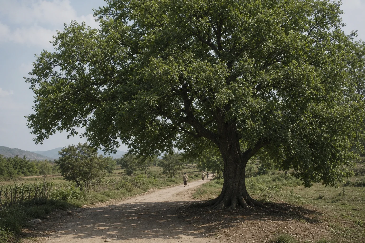 乡野道路旁，一株枝叶浓密的甘棠树遮出大片树荫，乡民从远处经过却无人动斧，以树本身承载召伯停驻后的共同记忆。