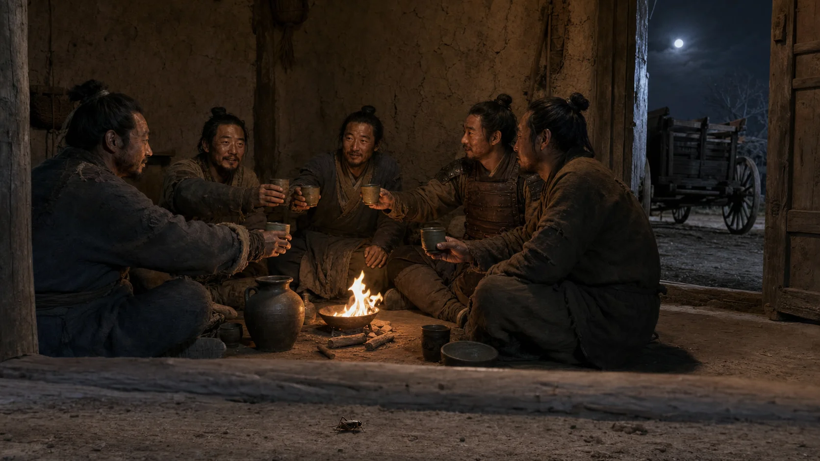 岁暮夜里，役车停在屋外，劳作者围低火饮酒，蟋蟀已来到门槛；短暂欢乐里仍有对时间和来年的顾念。