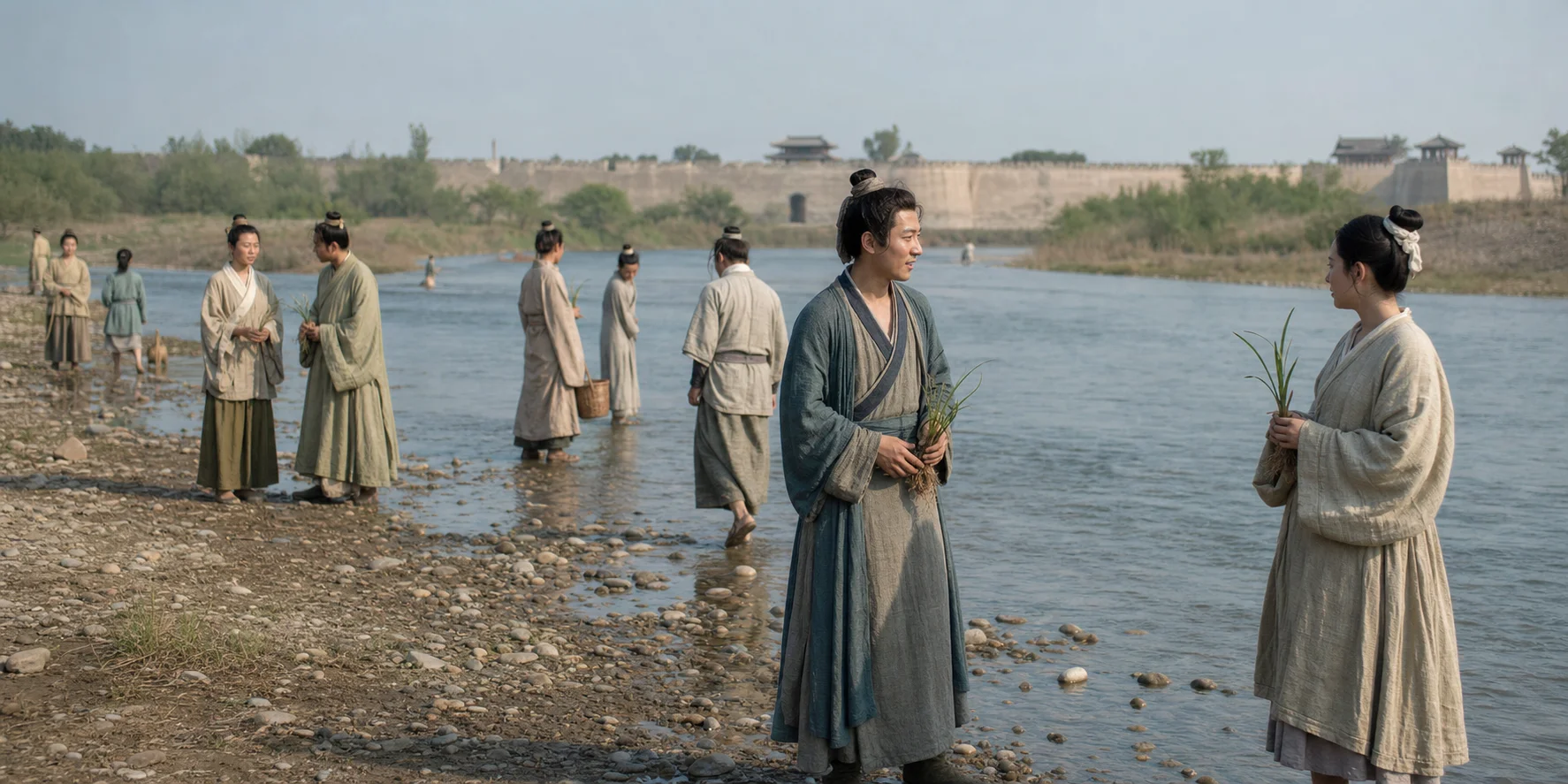 溱洧春水上涨，青年男女持兰草在浅滩相会，人与人分散往来而非整齐列队，呈现春日开放与试探。
