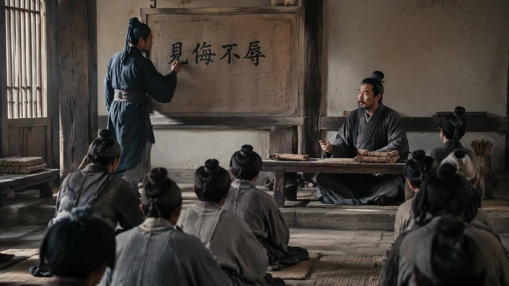 简陋的战国学堂中,两位学者正在讲学。一人在木板上书写"见侮不辱"四字,另一人正平和地劝导围坐的学生。学堂陈设简朴,有竹简和木案。室内柔和光线从窗棂射入。水墨写意风格,素雅淡彩。