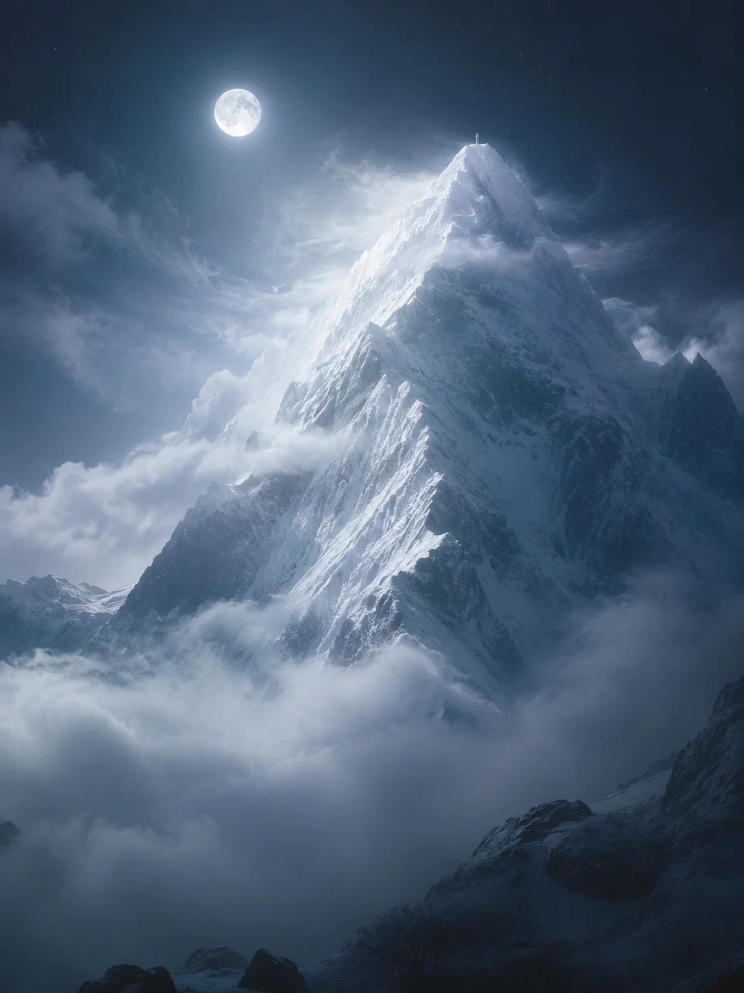 月夜中一座极高极远的雪山，山体如白玉，峰顶发出微微银光。山腰云雾缭绕，隐约可见一个极小的人形轮廓立于山巅。"藐姑射之山，有神人居焉。肌肤若冰雪，绰约若处子。不食五谷，吸风饮露。乘云气，御飞龙，而游乎四海之外。"