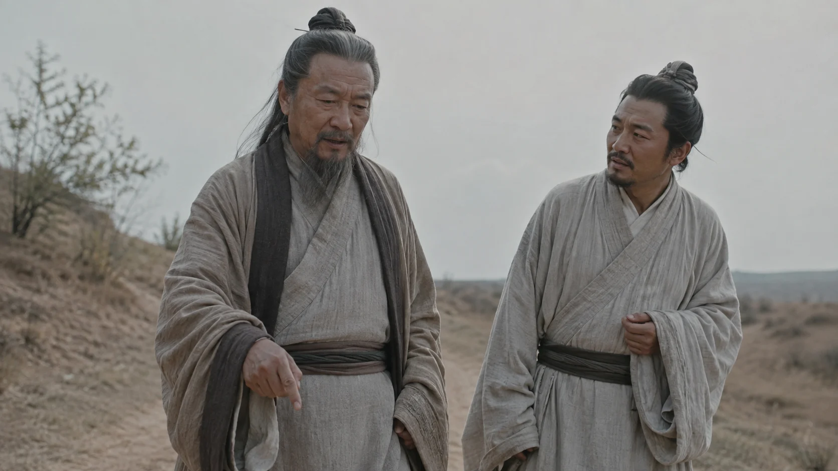 庄子与东郭子在野外行走,庄子指着地面说话,表情淡然。战国服饰,宽袍大袖,背景是萧瑟的原野。