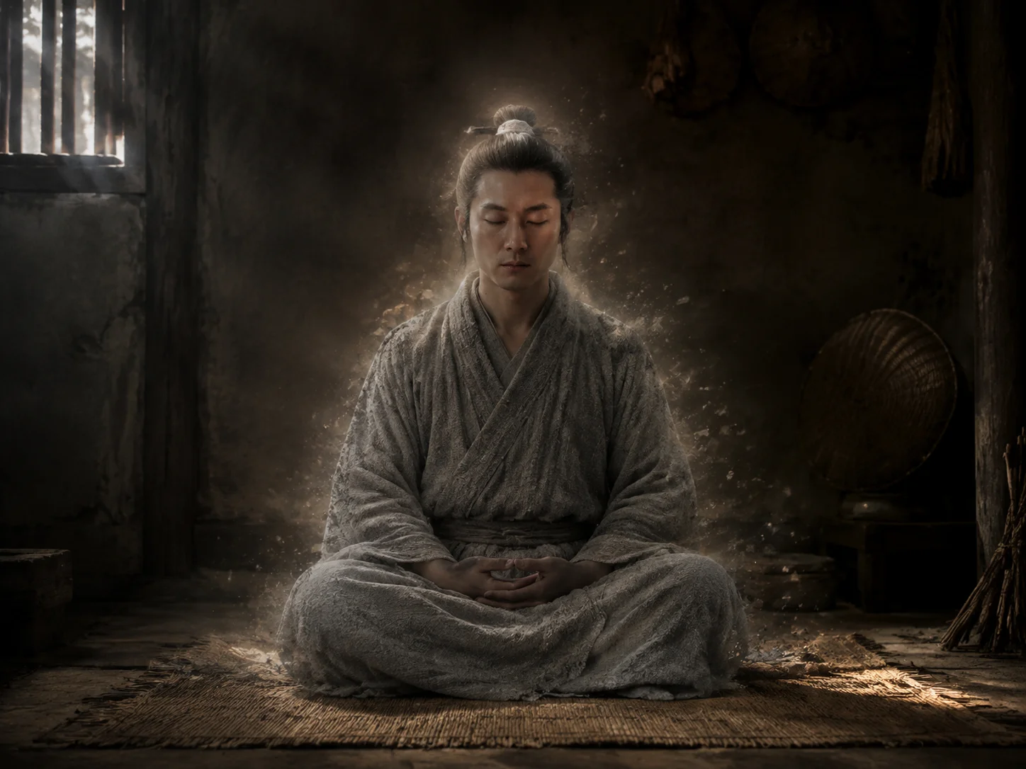 暗室中颜回盘坐，双目闭合。他刚说出"回坐忘矣"——堕肢体，黜聪明，离形去知，同于大通。放下身体，废弃感官，离开形体，去除知识，与大通合一。坐忘不是冥想技术，是彻底的自我解构——把"我"一层一层拆掉，直到没有东西可拆。