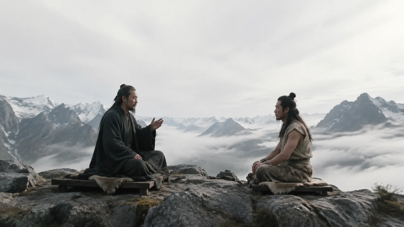 黄帝与知(寓言人物)在昆仑山巅对坐论道。两人身着远古朴拙服饰,黄帝年长威严,知较为年轻。四周云雾翻涌,脚下群山隐没。论辩"知道"与"不知道"的辩证。高山冷光笼罩,水墨淡彩渲染仙境般的昆仑。