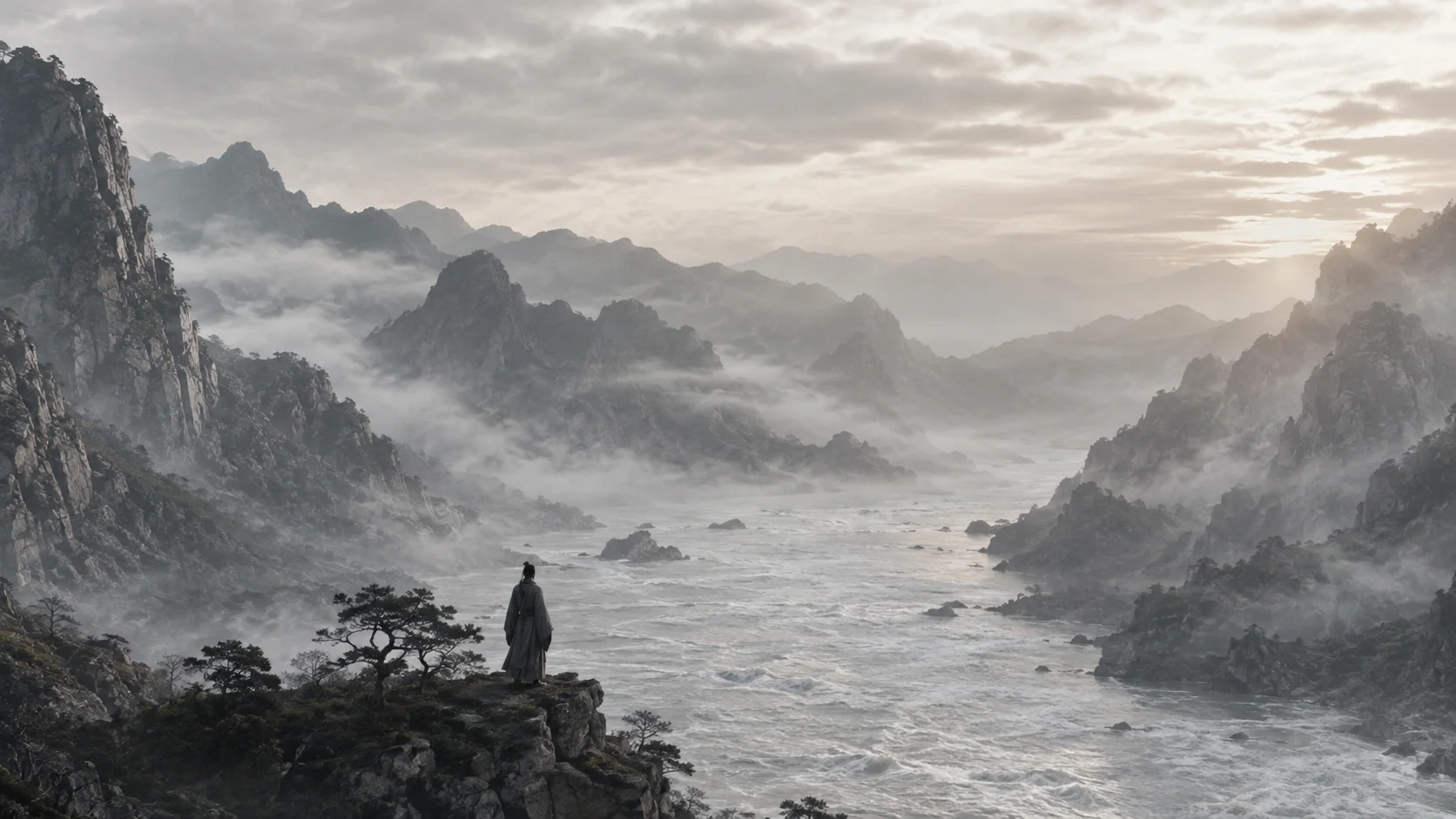 壮阔山水画面,高山大河绵延不绝,晨昏光影流转。一人独立于山脚或河岸,身形渺小,面对天地自然的沉默大美。水墨写意风格,素雅淡彩渲染山峦云气。