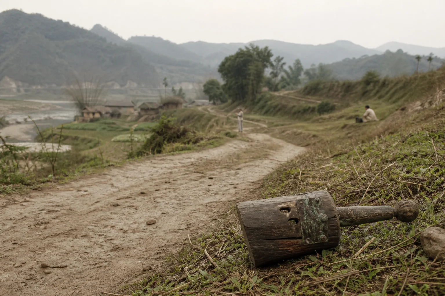 河谷乡野道路上,木铎置于前景,远处歌者与乐工分处不同距离,表现歌辞在传唱、献诗与整理中不断接手。画面不把存疑的采诗官制视为确定史实。