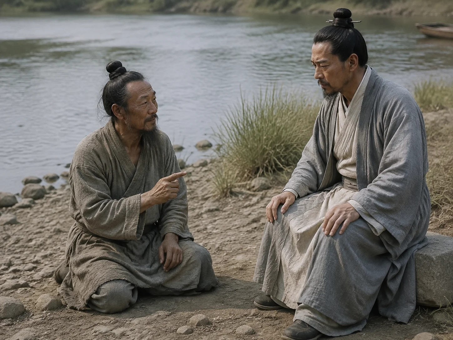 河边,申徒嘉(被砍掉脚的人)和子产(郑国执政大臣,有两只脚)并排站着。子产说:"我先出去你就留下,你先出去我就留下——我不想和你这个刑余之人并排走。"申徒嘉回答:"在先生门下,有执政大人这样的吗?你是靠执政的身份来的,还是靠求道来的?"子产哑口无言。