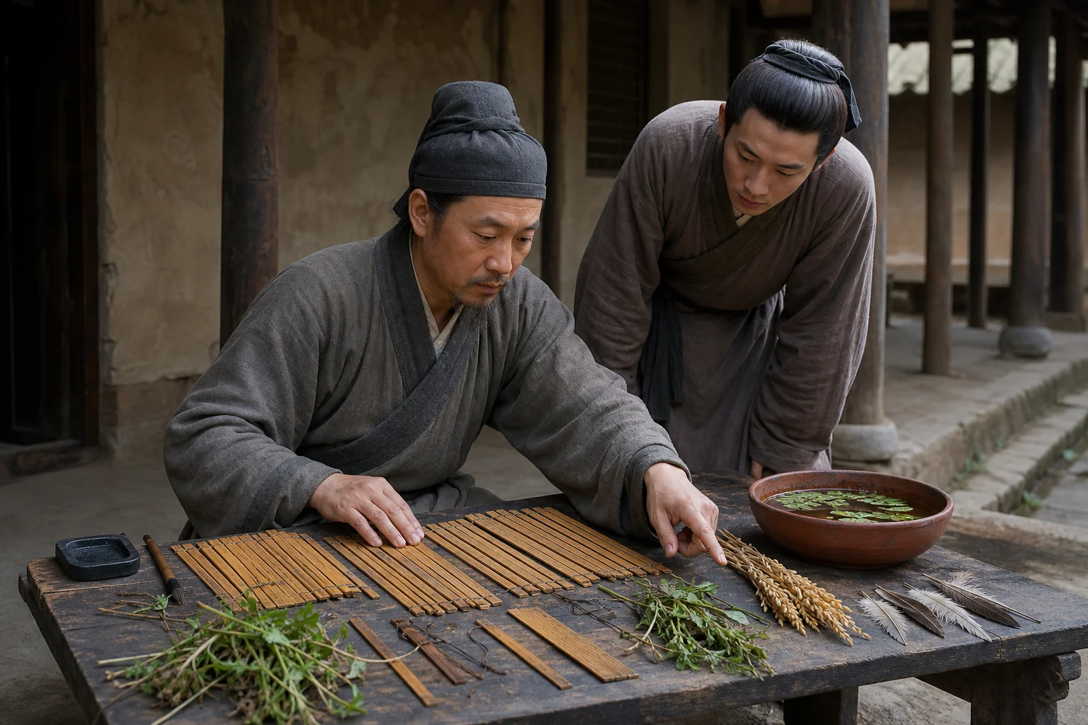 汉代学者在低案前逐枚比对竹简，案边浅陶盆中的荇菜、薇草、谷穗与羽毛把古诗的名物重新带回可观察的现实，弟子在旁凝神辨认。
