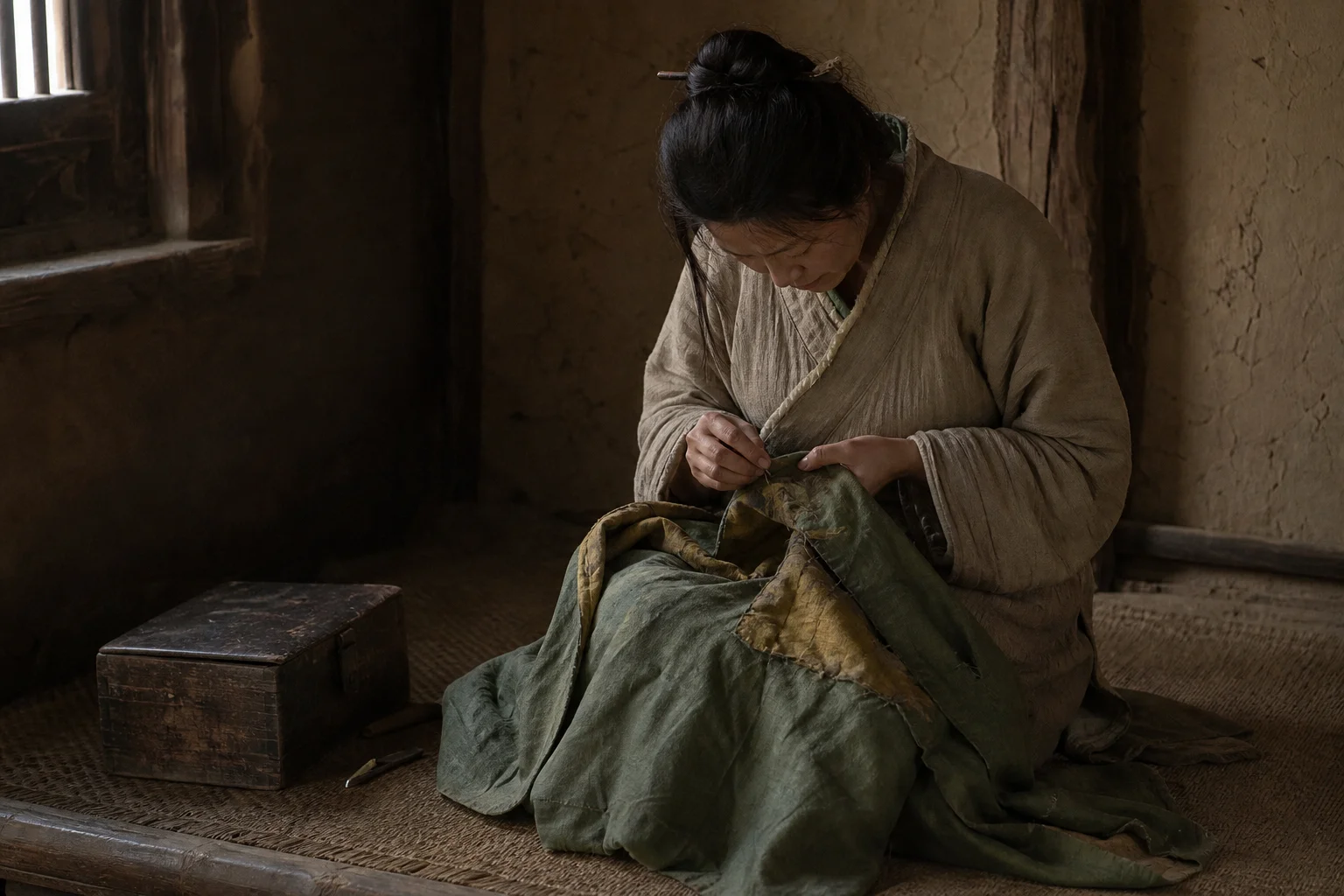 土屋里,女子把磨旧的绿衣摊在膝上,黄色里衬与旧针脚清楚可见,身旁空着,以衣物承载亡人留下的日常。