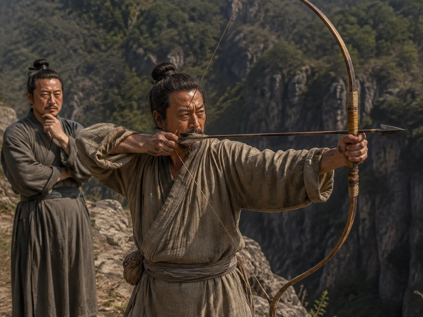 列御寇在射箭,技艺精湛——"引之盈贯,措杯水其肘上"——拉满弓,肘上放杯水都不洒。伯昏无人看了说:"这是'射之射',不是'不射之射'。"然后带他到悬崖边上,脚有一半悬在崖外,让他在这里射。列御寇吓得"伏地汗流至踵"。真正的射手不在于技术,在于心不被外物所动。