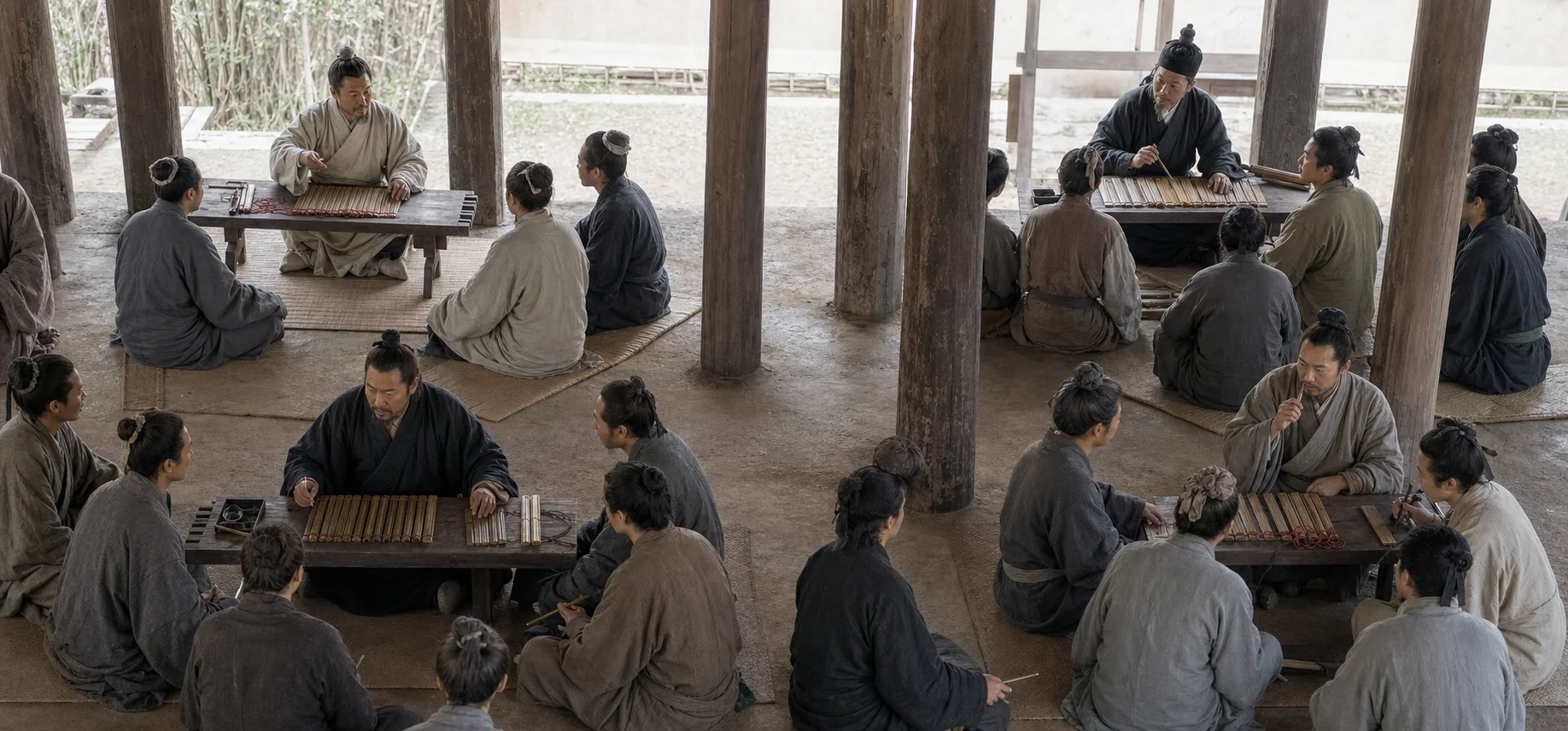 西汉讲堂内，四位传经者各自围绕编次和编绳不同的竹简向弟子讲授，四组讲席并置，表现鲁、齐、韩、毛四套诗学传承。