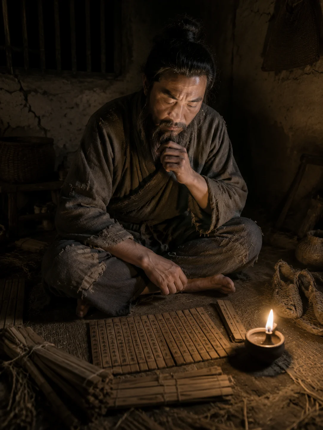 昏暗的陋室中，一个清瘦的中年男子盘腿坐在草席上，面前摊开几卷竹简。陶制油灯的微弱火光映照着他沉思的面容。墙壁是土坯的，角落有一双未编完的草鞋。画面传达出贫困中的精神富足。