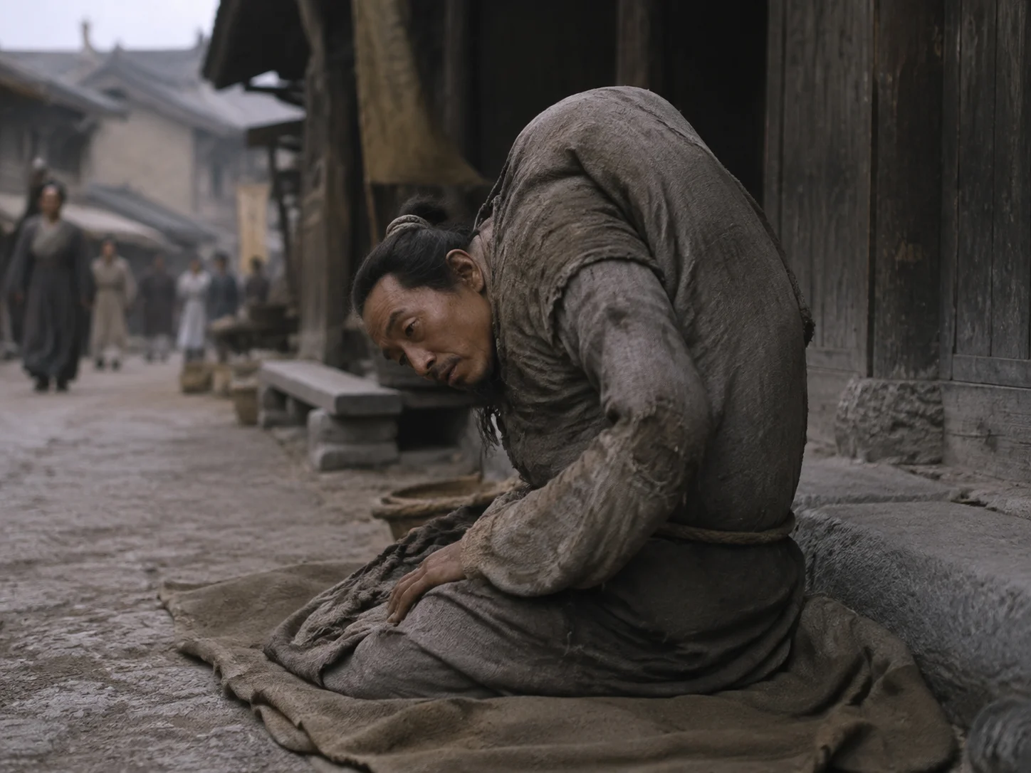 街巷中坐着一个形体极度畸形的人——支离疏。他脊背弯到脸埋在肚脐里，肩膀高过头顶，两条大腿变成了肋骨的位置。但正因为这副形体，国家征兵时他大摇大摆地走在街上没人要他，国家发救济粮他还能领三钟米十捆柴。"夫支离其形者，犹足以养其身，终其天年。"形体残缺反而保全了性命。