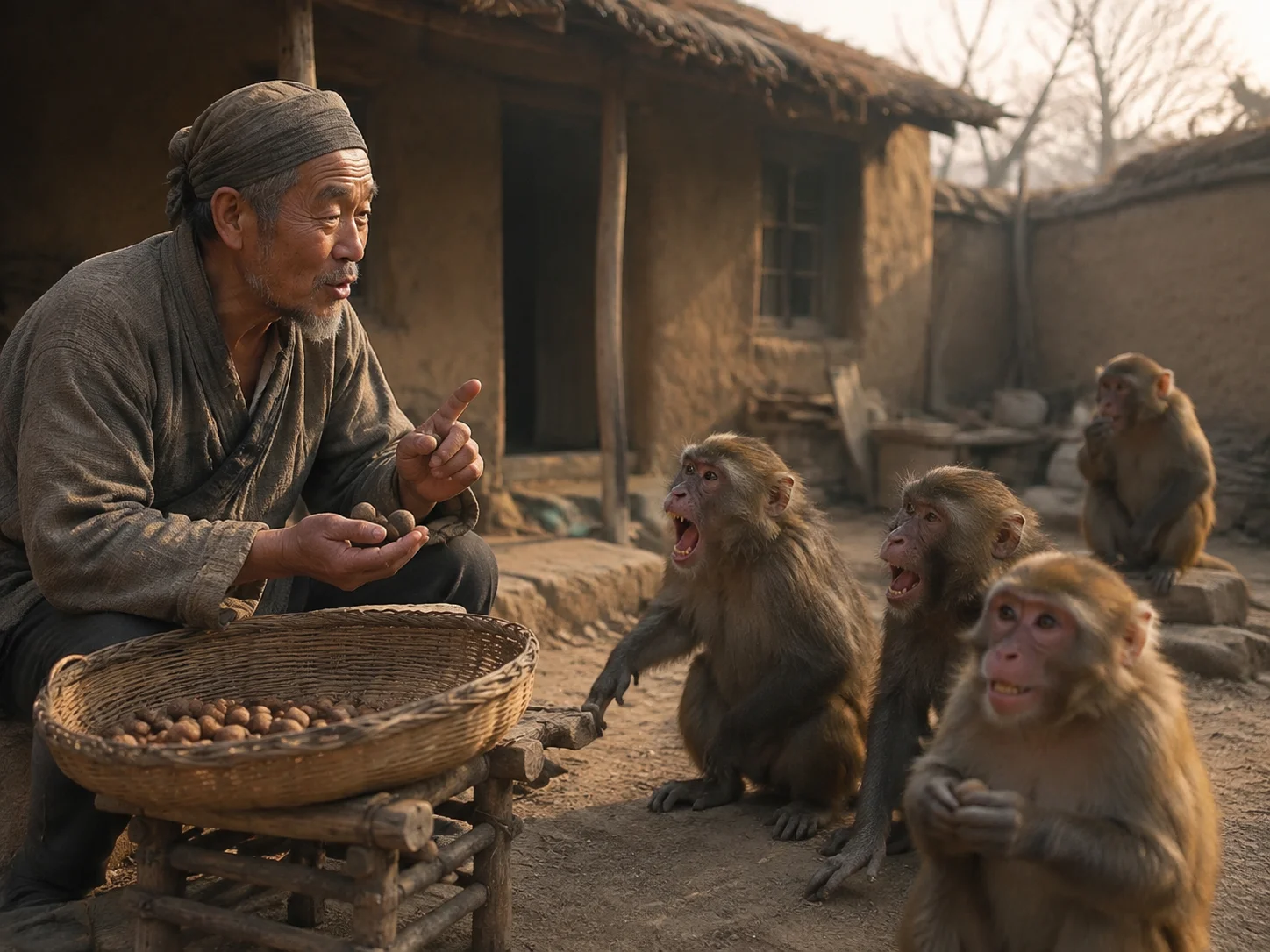 农家院落里，一个养猴人对着几只猴子说话。他说"早上给三颗橡果晚上给四颗"，猴子们怒了；他改口"早上四颗晚上三颗"，猴子们高兴了。总数没变，只是换了个说法。"朝三而暮四"——名实未亏而喜怒为用。庄子的寓言：分别心制造了不存在的好坏。